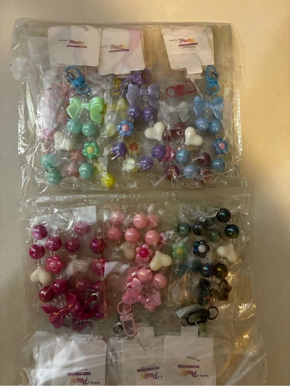 12- Cell phone charms wristlet Bow & beads Charm - Pastel Assorted Colors